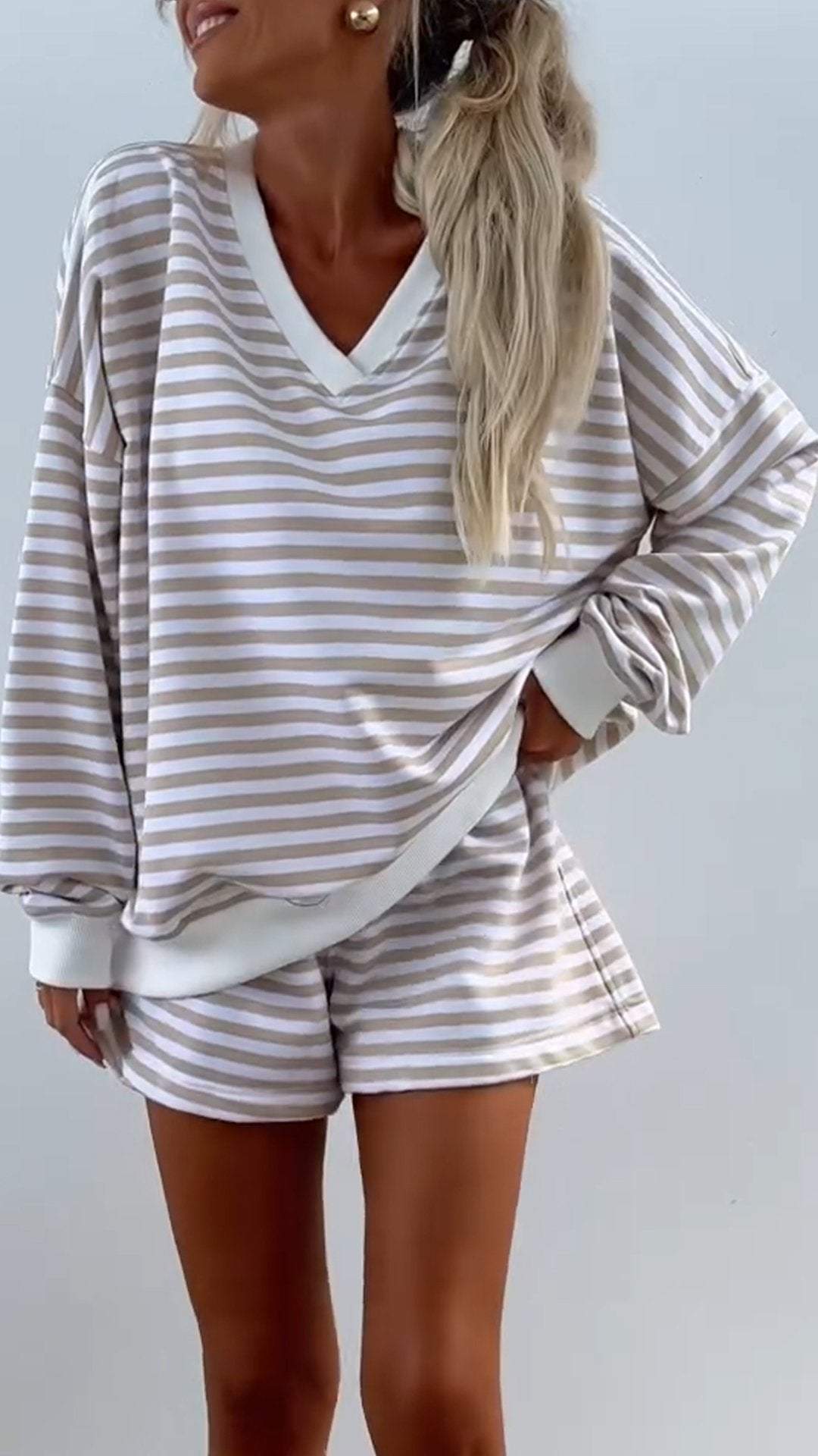 Damen V-Ausschnitt Gestreiftes Langarm Zweiteiler Set – Lässiges Outfit