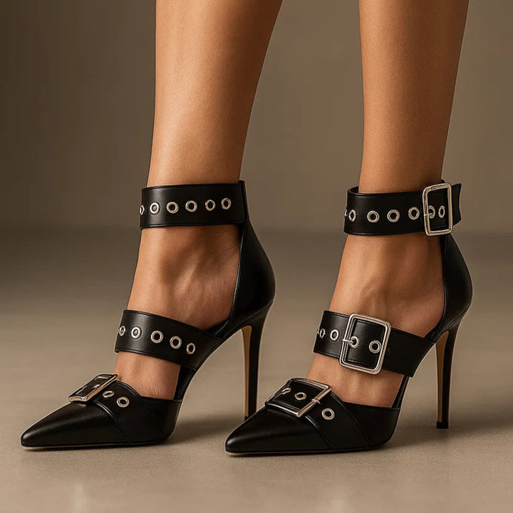 Damen Gothic-Stil Nieten Schnallen High Heels – Auffällige Stiletto Schuhe