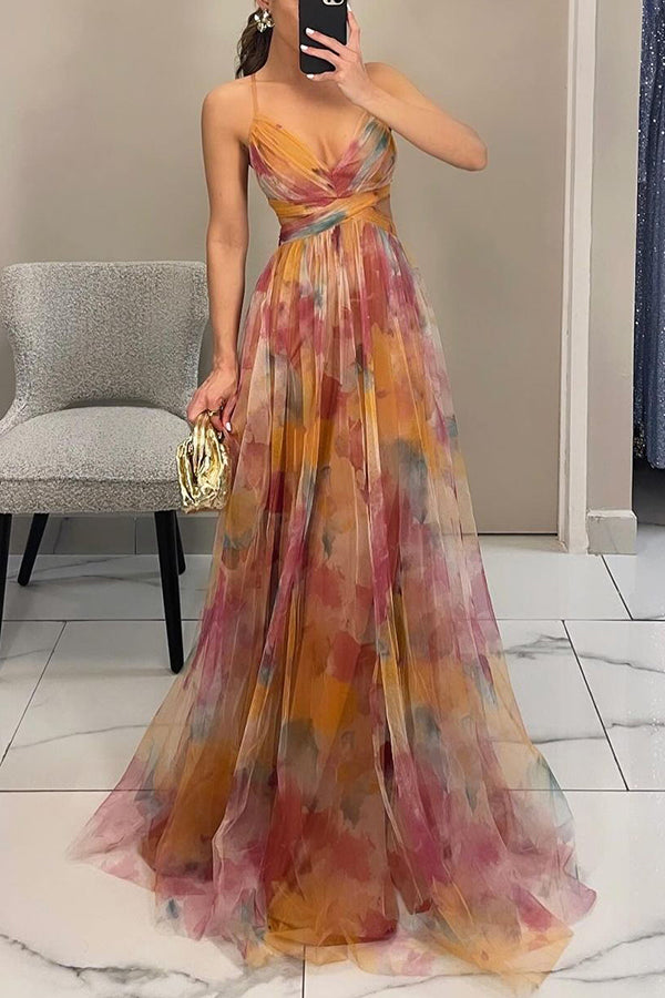 Damen Florales Fließendes Maxikleid – Ärmelloses Elegantes Hochzeitsgast Kleid