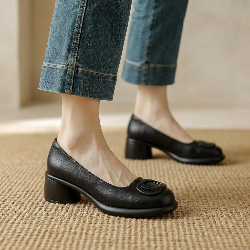 Damen Braune Geschlossene Lederschuhe Mit Blockabsätzen – Stilvolles Bequemes Schuhwerk