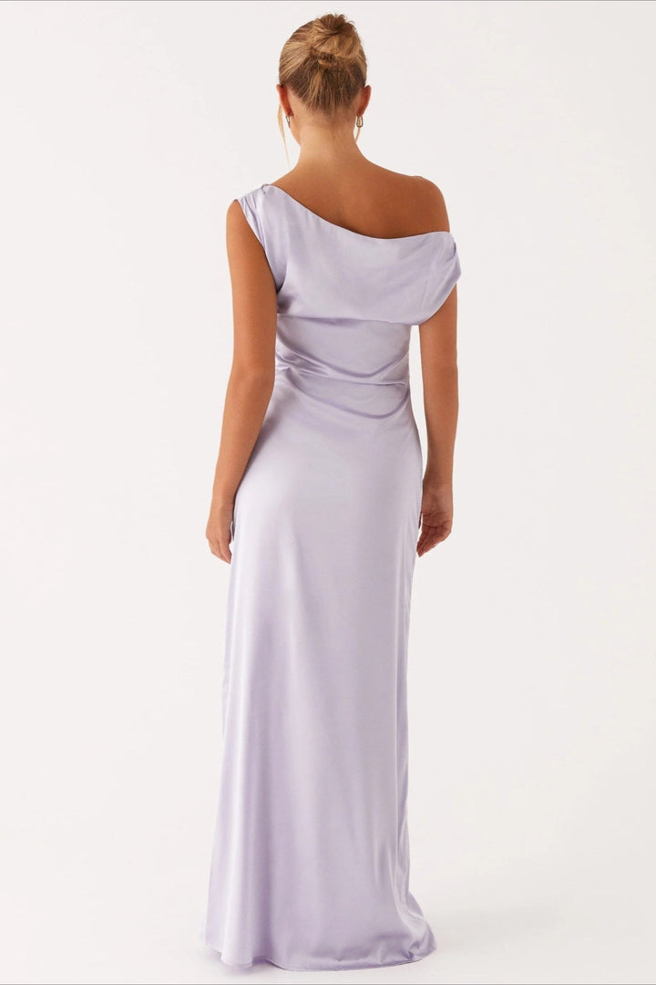 Damen Einfarbiges Maxikleid Mit Asymmetrischem Ausschnitt – Abendkleid