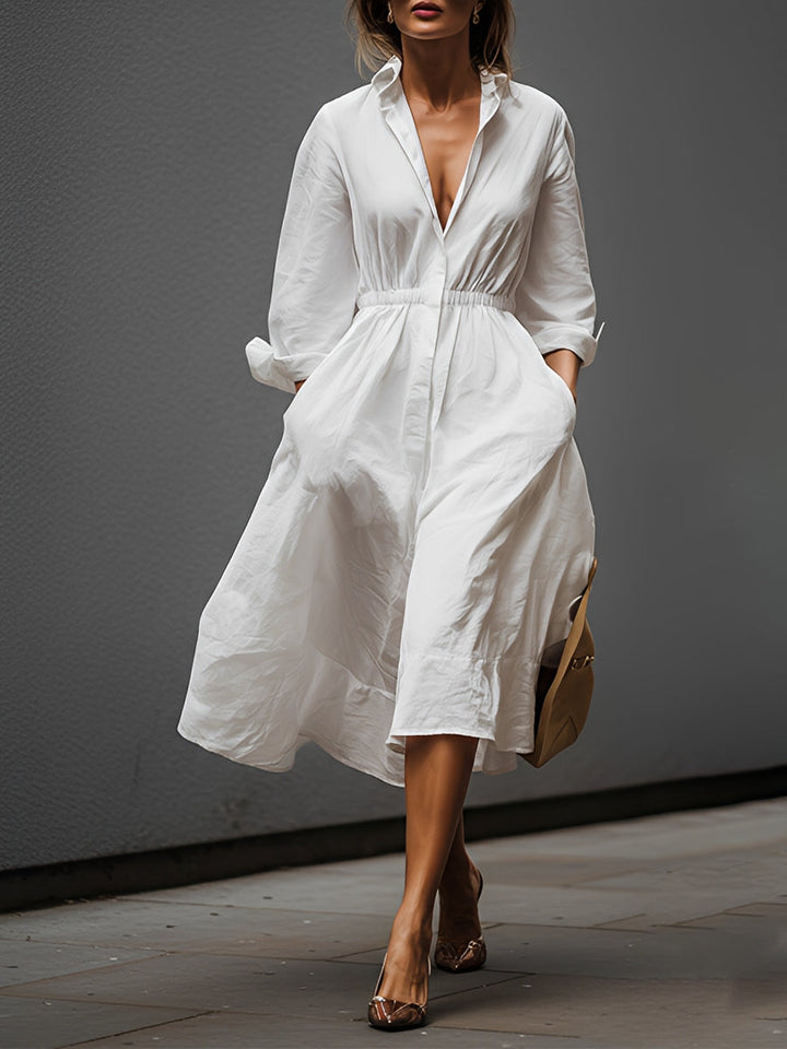 Weißes Leinen-Midikleid mit Hemdkragen und Stretchtaille