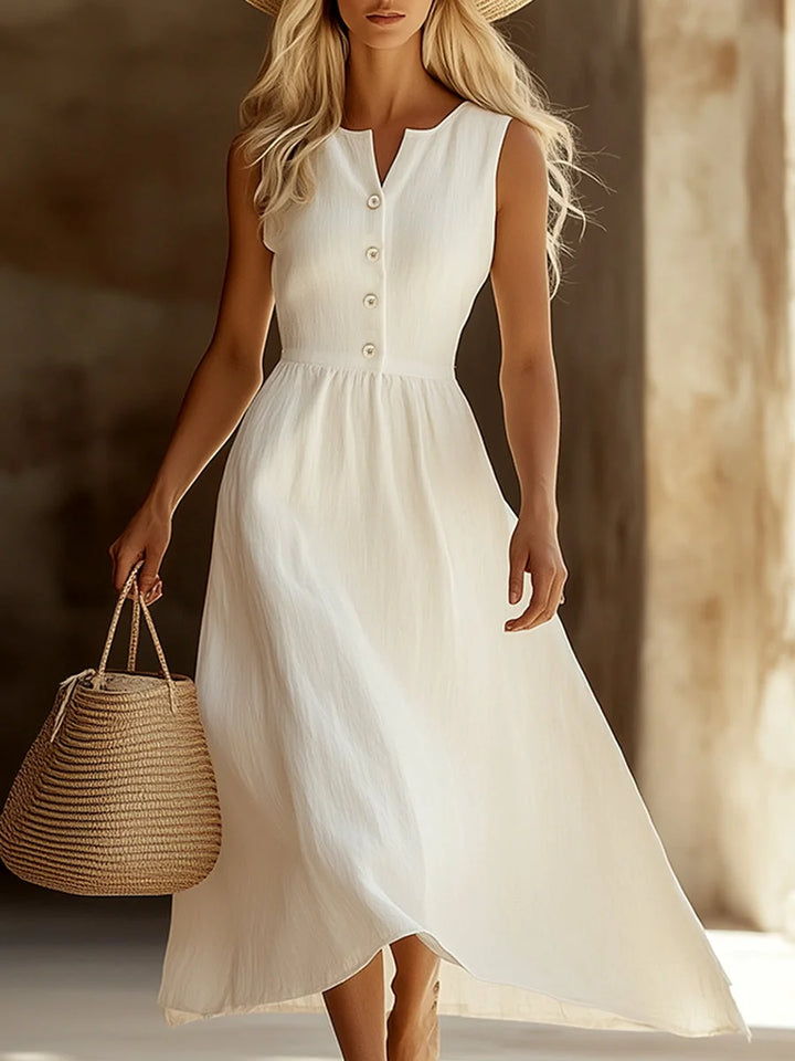 Ärmelloses, weißes Leinen-Maxikleid für Damen – Sommerkleid mit Knopfleiste vorne