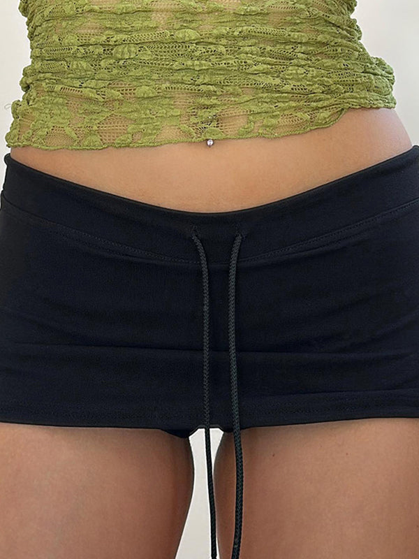 Schwarzer Minirock mit Kordelzug und Schlitz für Damen – Lässiger High-Waist-Rock im Y2K-Stil