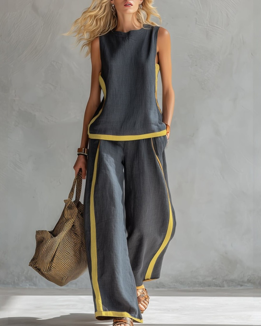 Damen Lockeres Leinen Zweiteiler Set - Ärmelloses Casual Outfit
