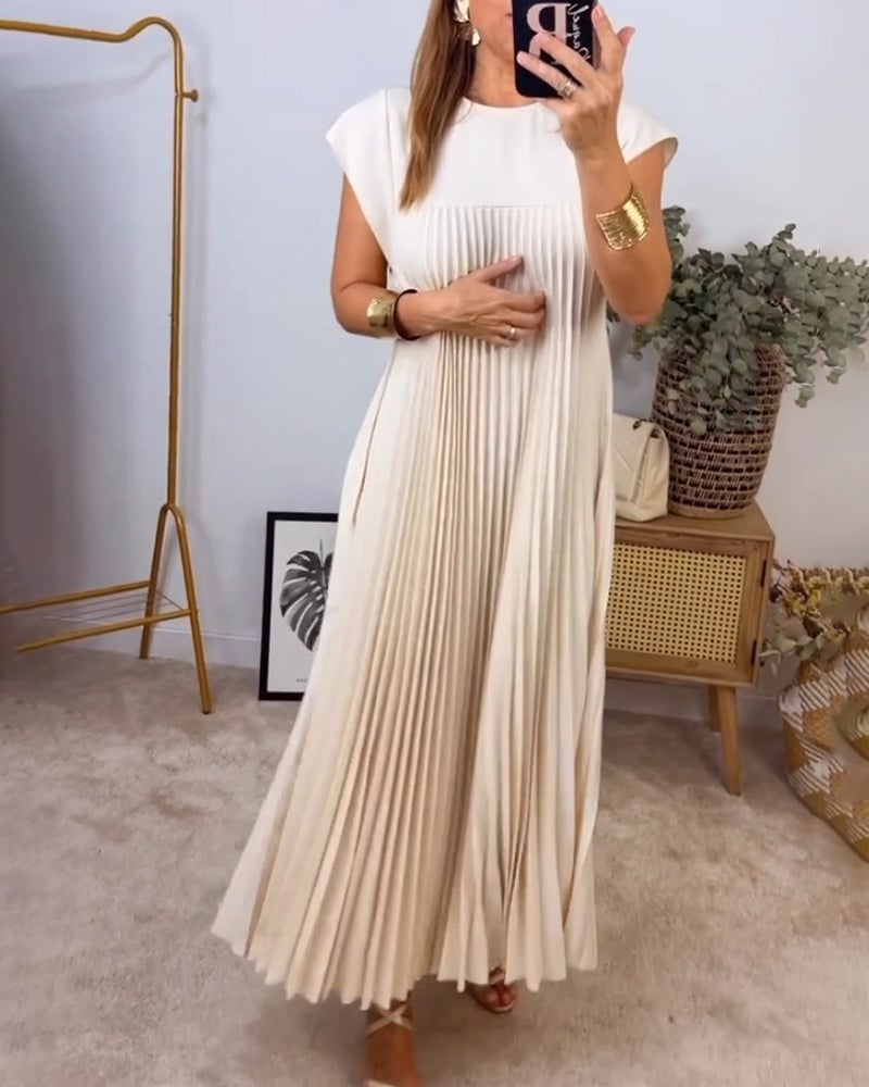 Damen Kurzarm Plissiertes Maxikleid