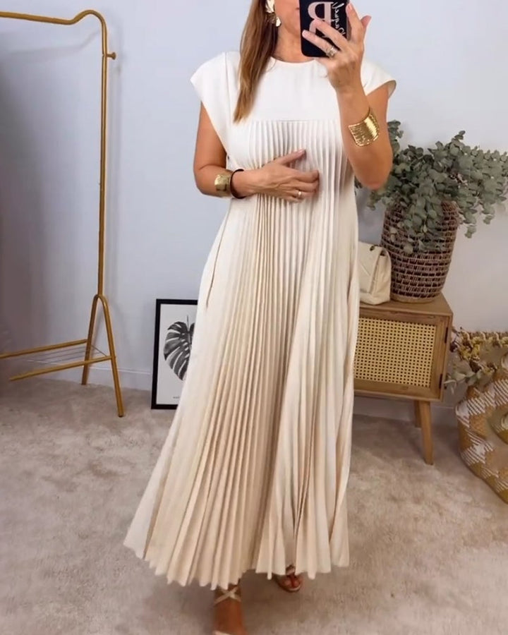Damen Kurzarm Plissiertes Maxikleid