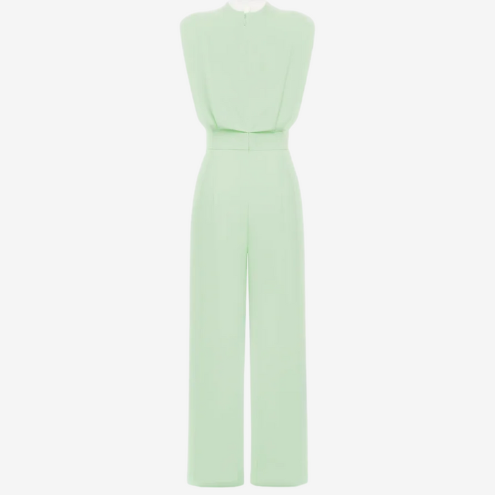 Ärmelloser Damen-Jumpsuit mit hohem Kragen und Gürtel – Elegante Abendgarderobe