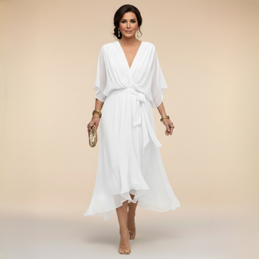 Elegantes, ausgestelltes Chiffon-Midikleid mit V-Ausschnitt und Gürtel für Damen – Perfektes Kleid für Hochzeitsgäste