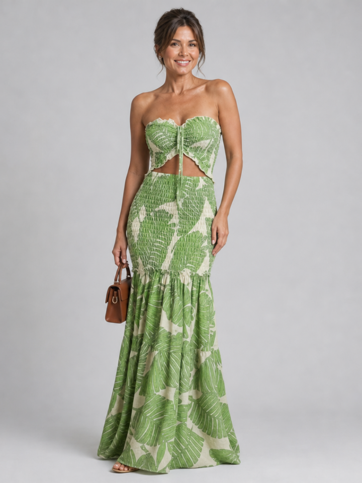 Azaria | Schulterfreies zweiteiliges Maxikleid-Set mit Print