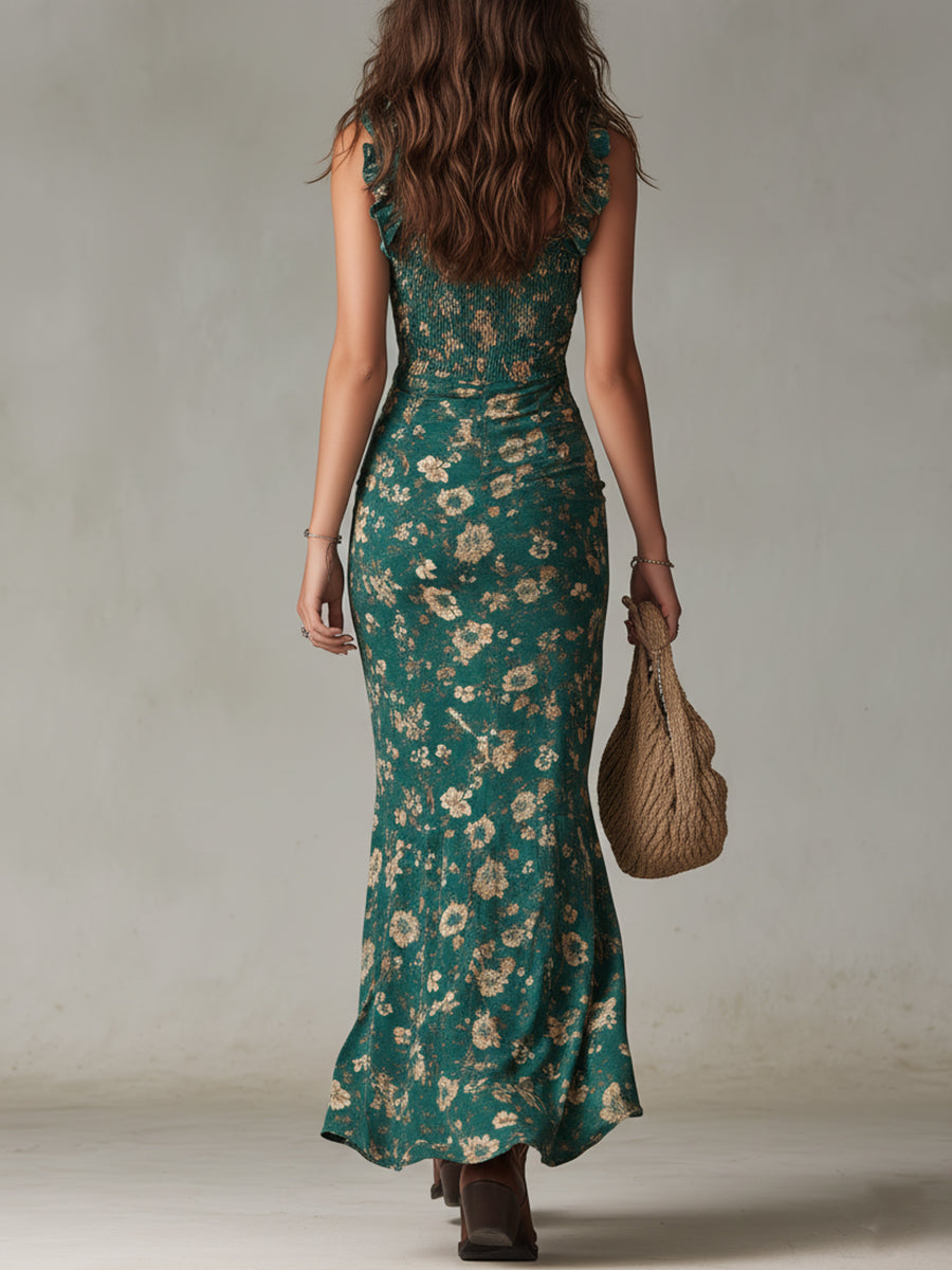Damen Boho Maxikleid Mit Rüschenärmeln – Sommerkleid Mit Schlitz