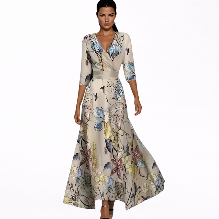 Damen V-Ausschnitt Langarm Blumen Maxi Kleid - Wickel Eleganter Stil