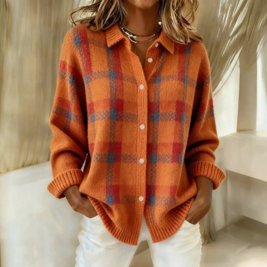 Damen Locker Geschnittener Knopfstrick Cardigan - Stilvolles Karo Design