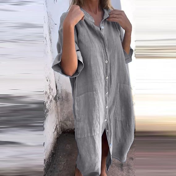 Damen Oversized Hemdblusenkleid – Langes Freizeit Kleid Mit Taschen