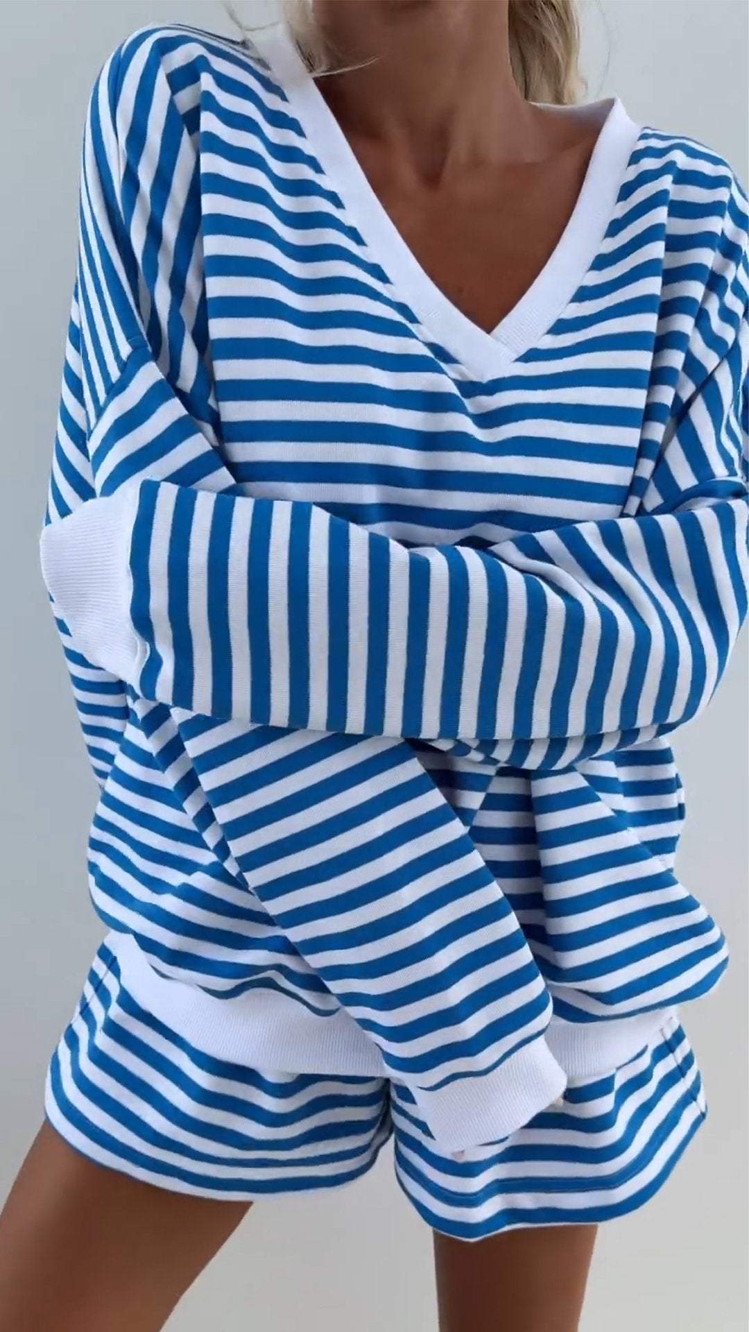 Damen V-Ausschnitt Gestreiftes Langarm Zweiteiler Set – Lässiges Outfit