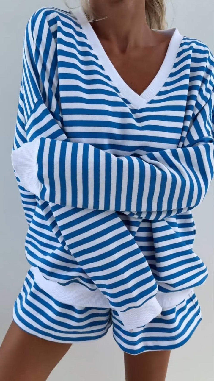 Damen V-Ausschnitt Gestreiftes Langarm Zweiteiler Set – Lässiges Outfit