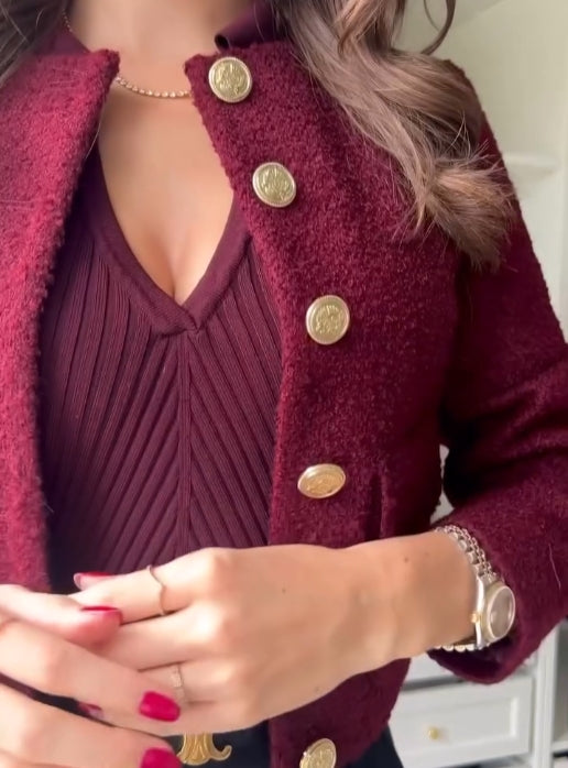 Damen Bordeaux Tweed Dreiteiliges Set – Elegantes Jacken Outfit