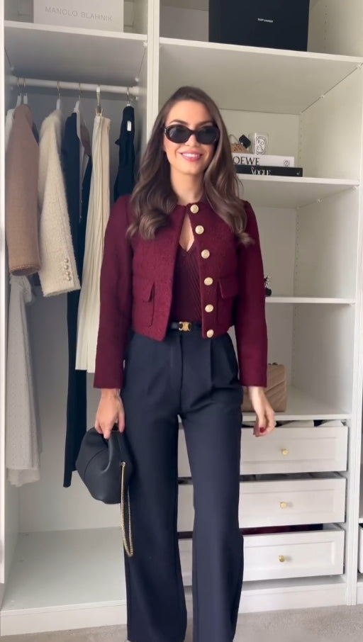 Damen Bordeaux Tweed Dreiteiliges Set – Elegantes Jacken Outfit