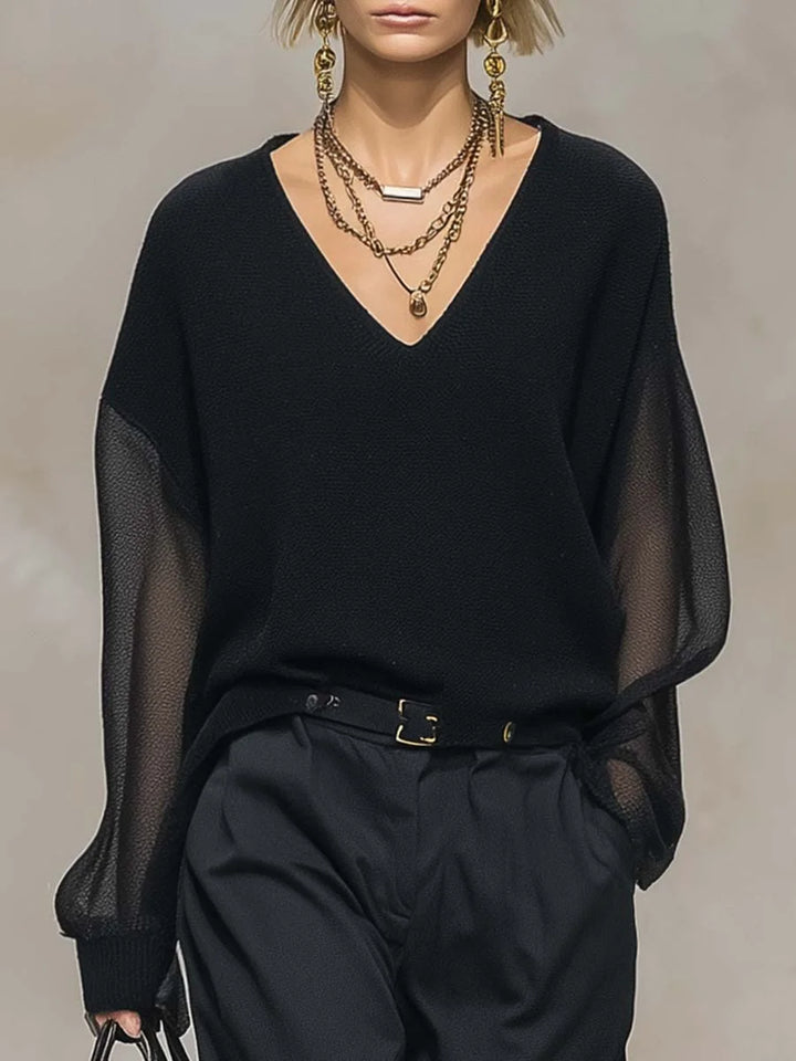 Transparente, schwarze Damenbluse mit V-Ausschnitt und langen Ärmeln – Atmungsaktives, locker sitzendes Top