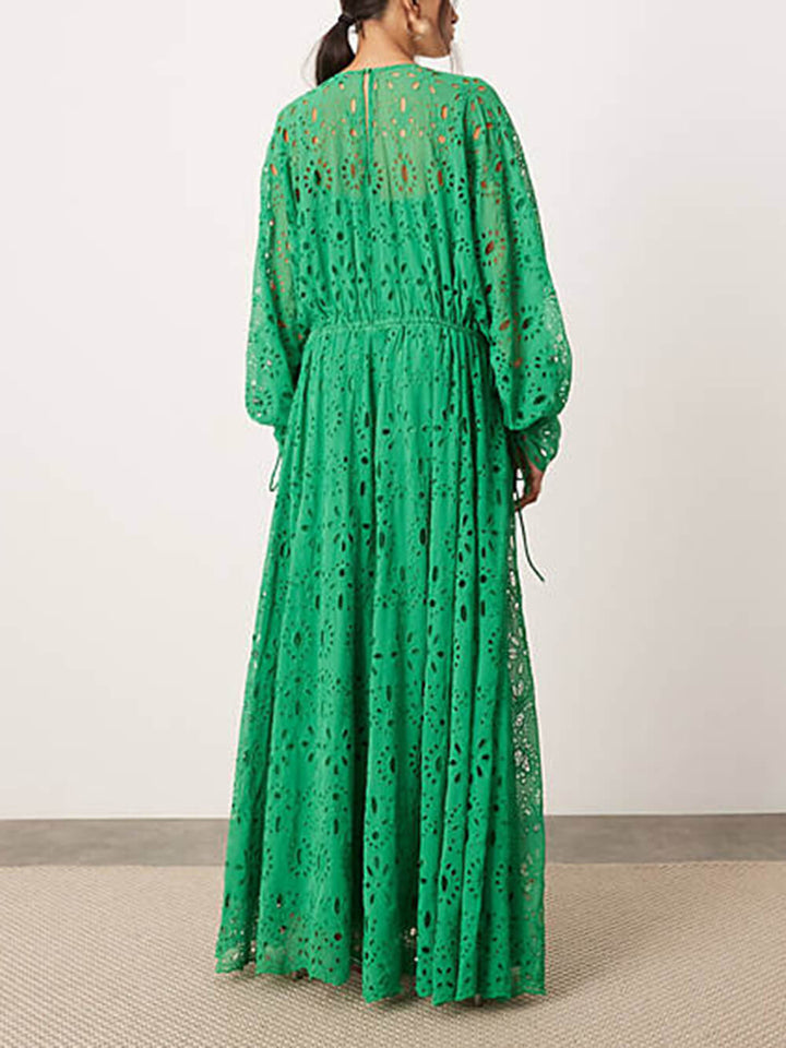 Damen V-Ausschnitt Oversize Maxi Spitzenkleid Mit Geraffter Taille – Elegantes Fließendes Kleid