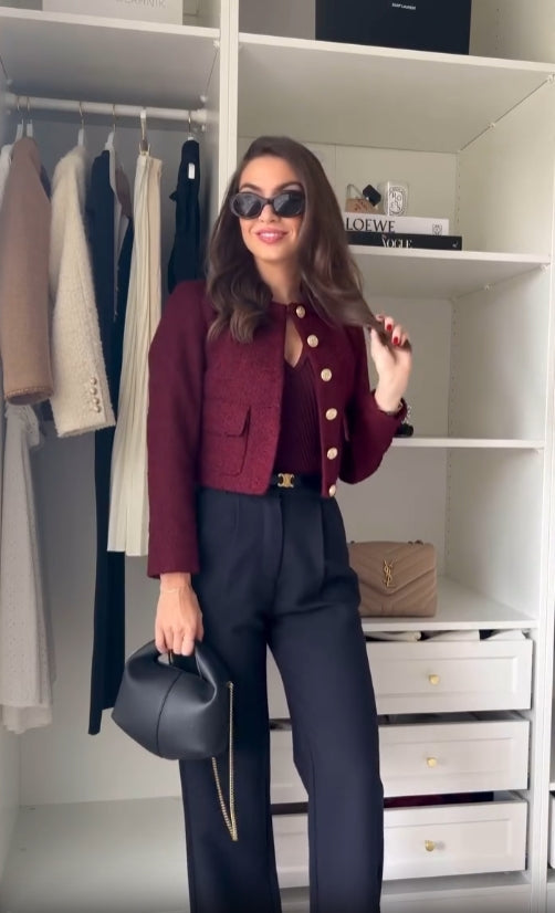 Damen Bordeaux Tweed Dreiteiliges Set – Elegantes Jacken Outfit