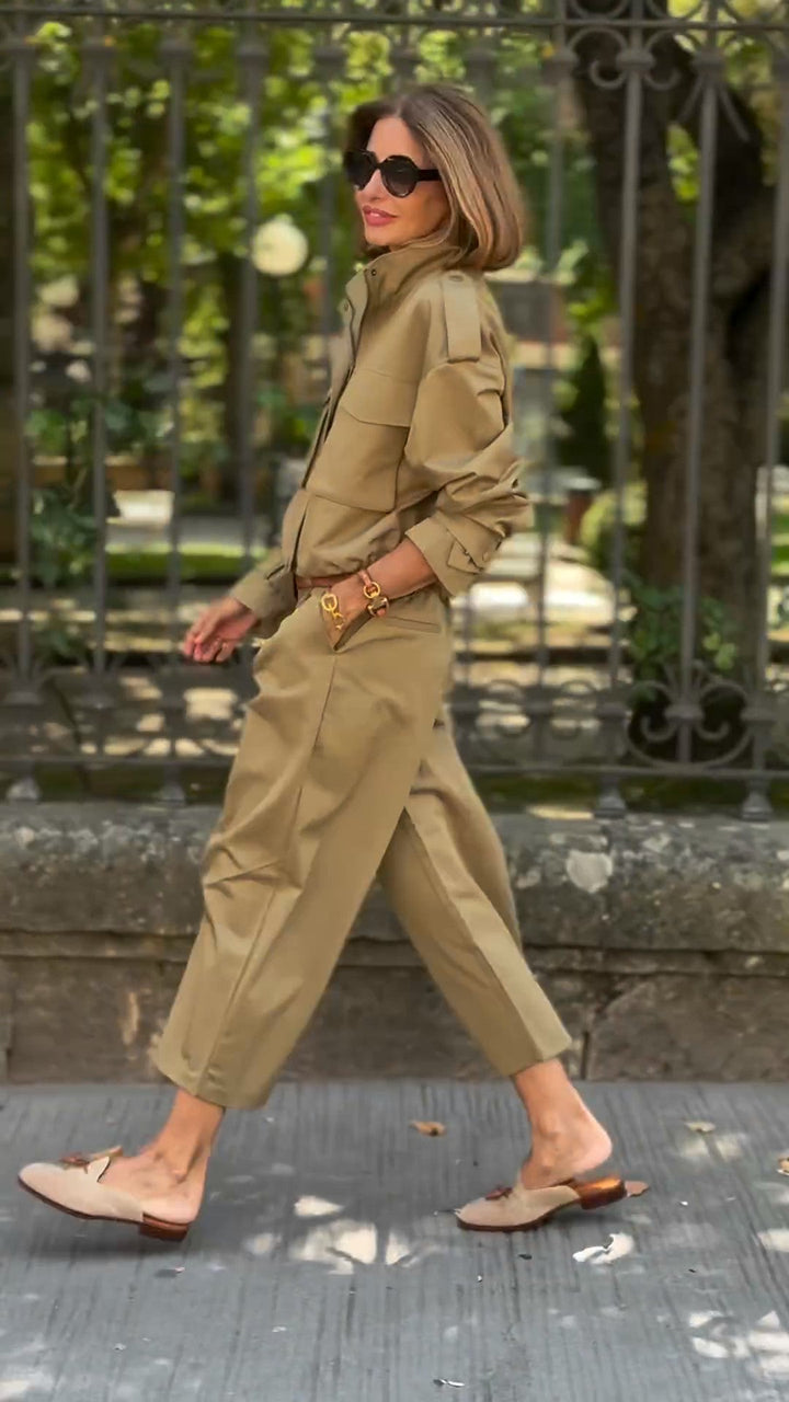 Damen Khaki Safari Zweiteiler Set – Lässiges Utility Outfit