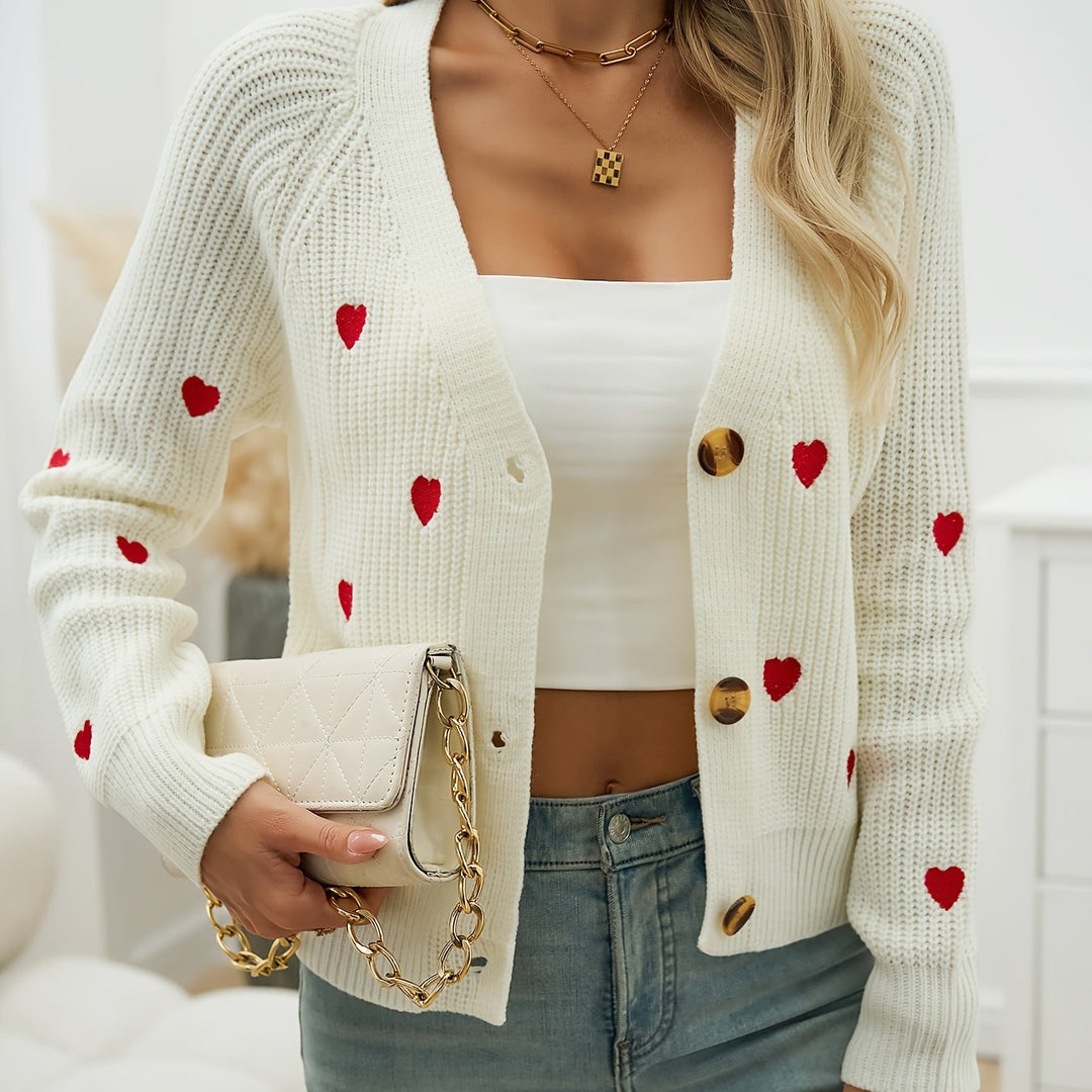Damen-Strickjacke mit V-Ausschnitt und Herzmuster – Pullover mit Knopfleiste