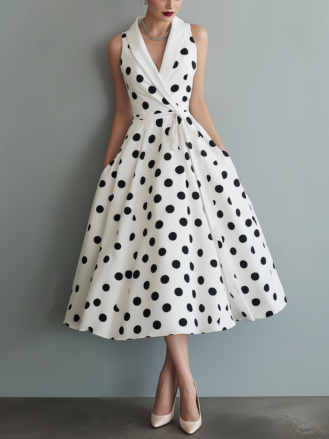 Elegantes Polka-Dot-Midikleid ohne Ärmel