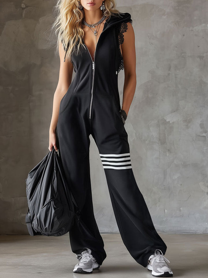 Damen Ärmelloser Langer Jumpsuit - Hoodie Gestreiftes Casual Outfit