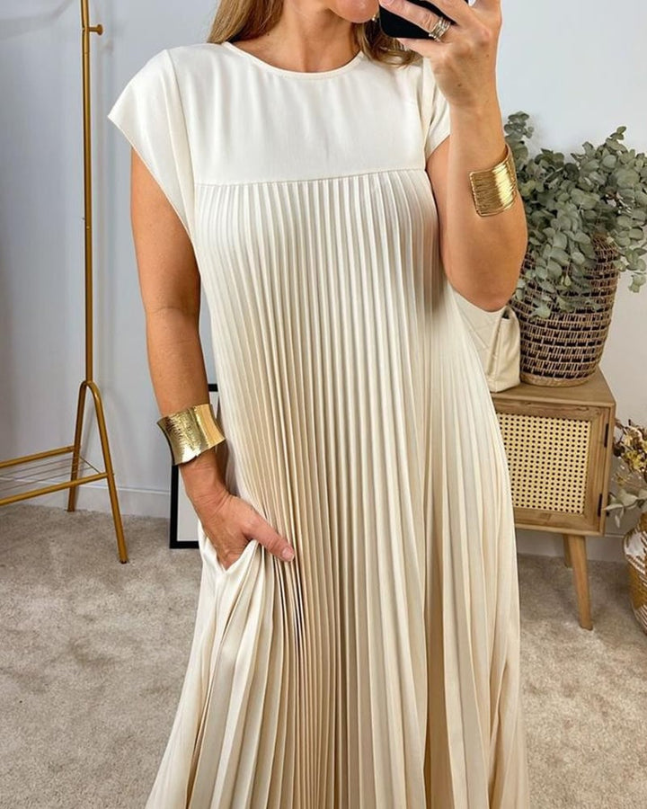 Damen Kurzarm Plissiertes Maxikleid