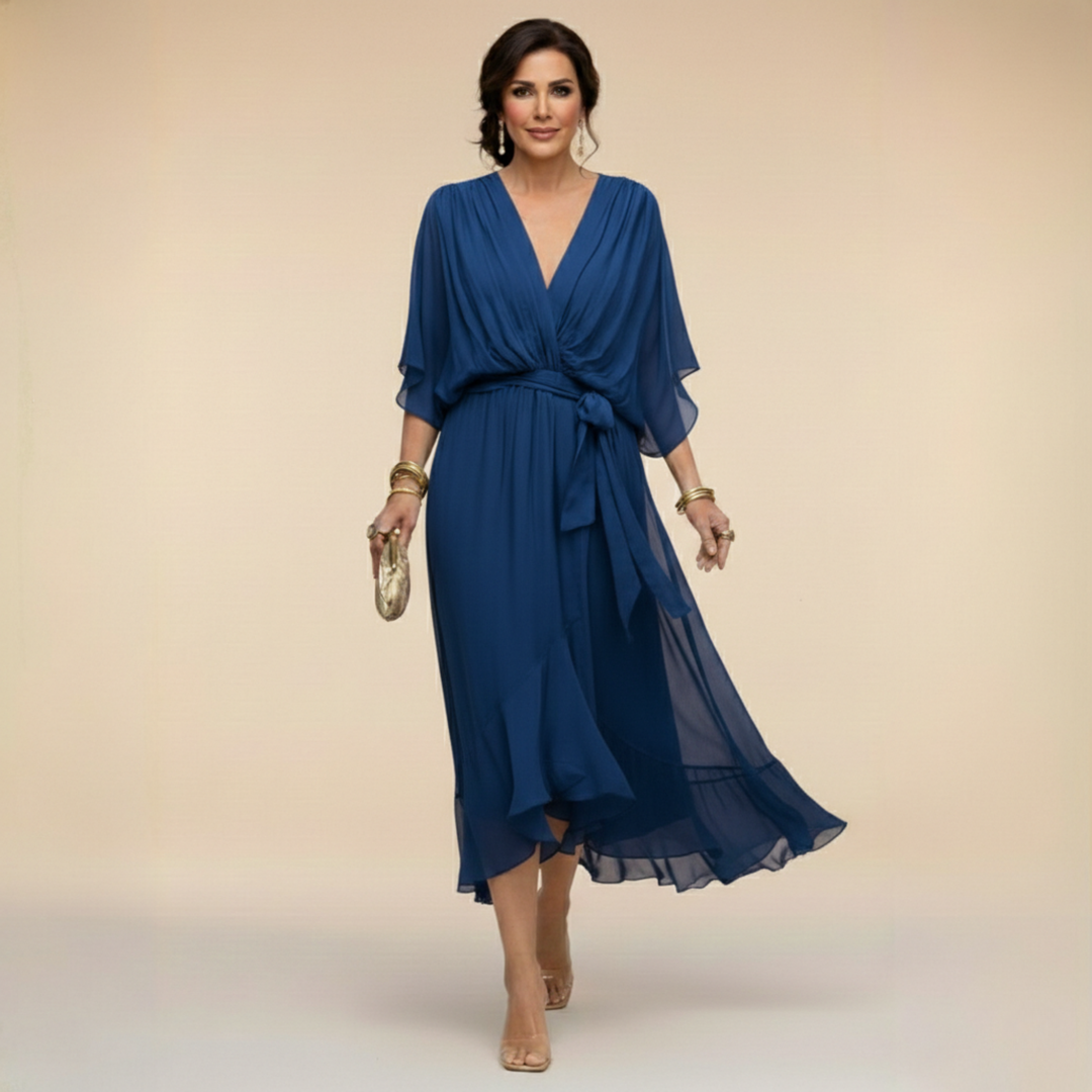 Elegantes, ausgestelltes Chiffon-Midikleid mit V-Ausschnitt und Gürtel für Damen – Perfektes Kleid für Hochzeitsgäste