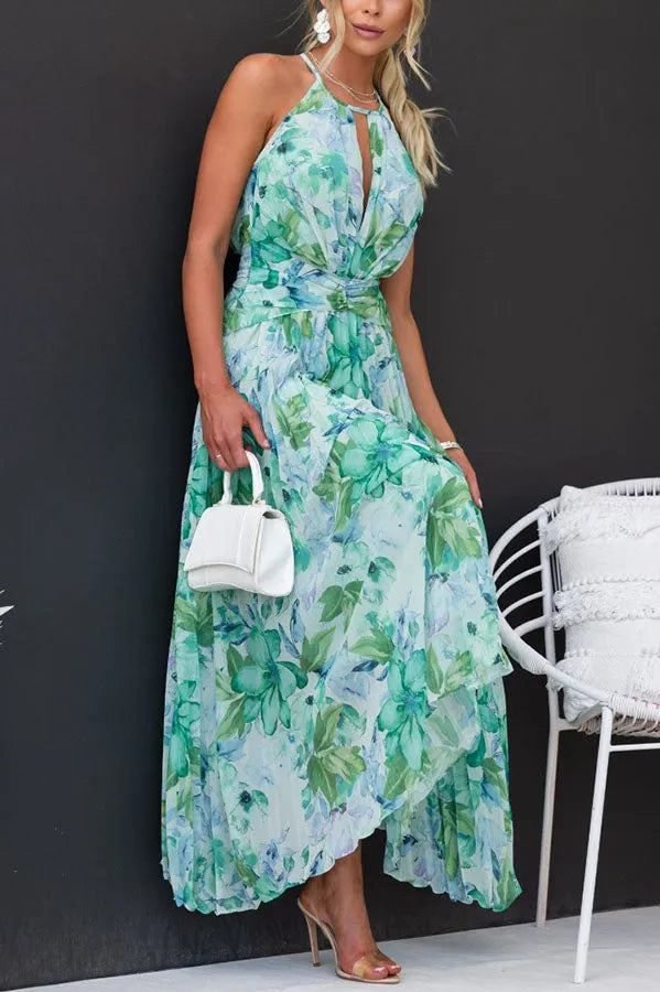 Damen Blumen Chiffon Neckholder Kleid