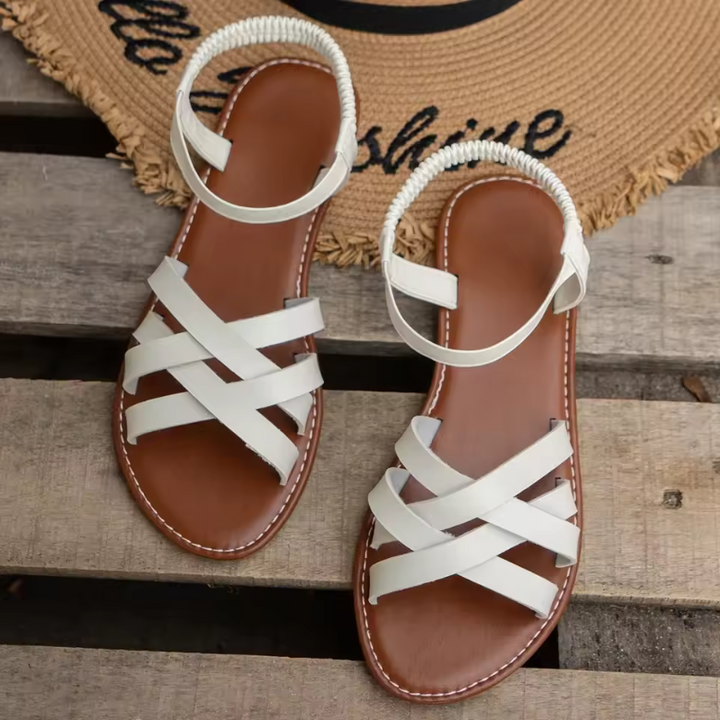 Damen Flache Leder Sandalen Mit Kreuzriemen – Elegante Sommer Komfort Schuhe