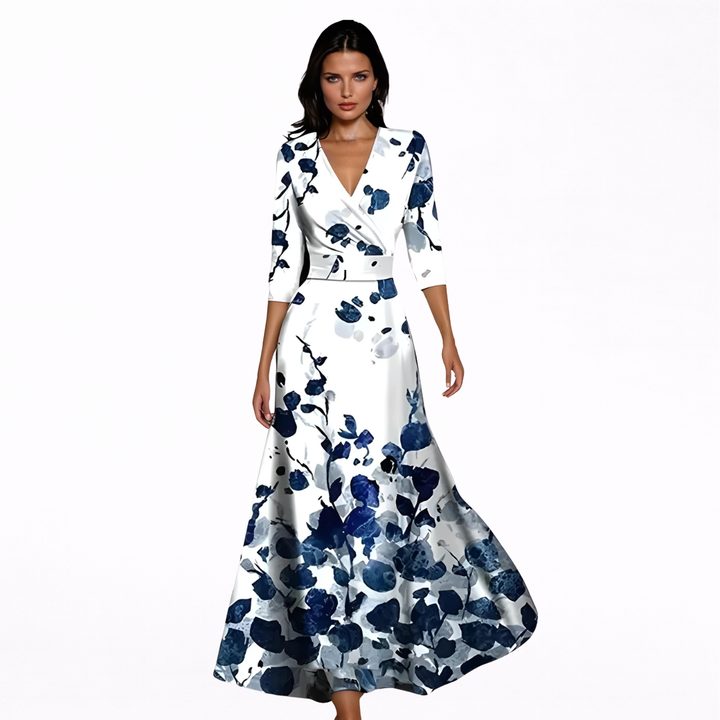 Damen V-Ausschnitt Langarm Blumen Maxi Kleid - Wickel Eleganter Stil