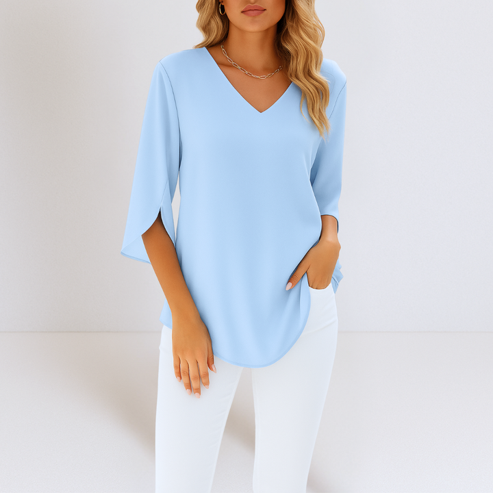 Damen Leichte Bluse Mit V Ausschnitt Und Langarm