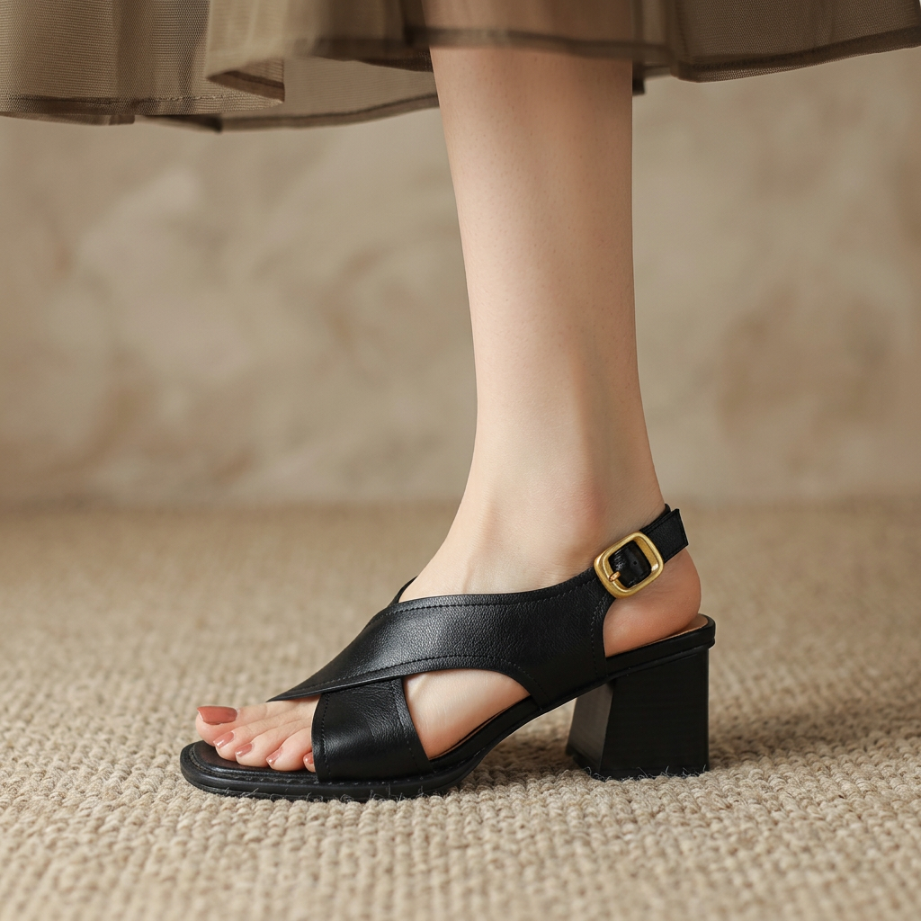 Damen Offene Blockabsatz Ledersandalen