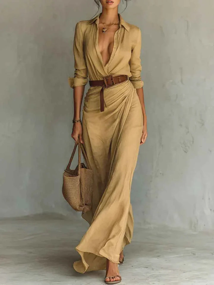 Elegantes Damen-Maxikleid mit Reverskragen, langärmeliger Passform und Taillengürtel