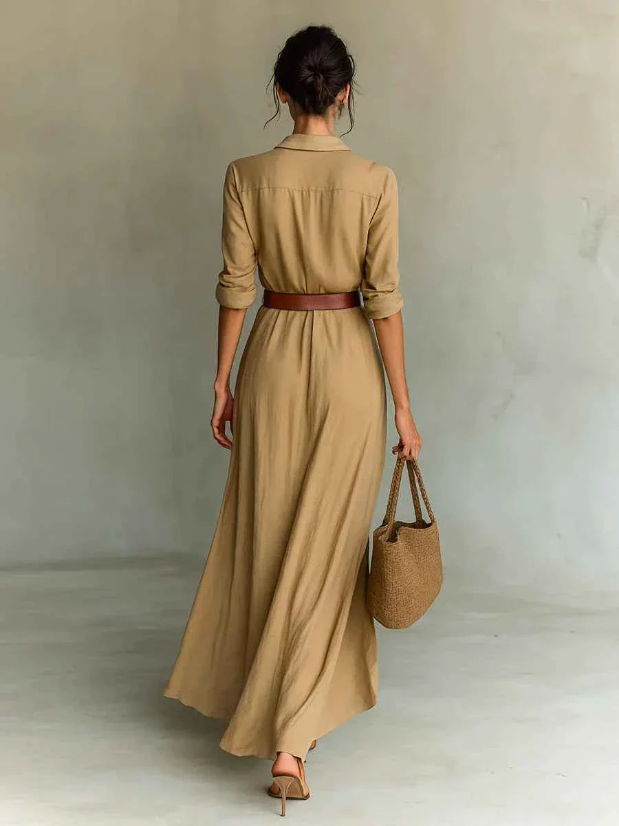 Elegantes Damen-Maxikleid mit Reverskragen, langärmeliger Passform und Taillengürtel