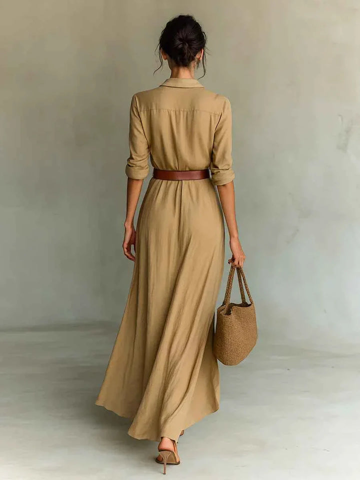 Elegantes Damen-Maxikleid mit Reverskragen, langärmeliger Passform und Taillengürtel