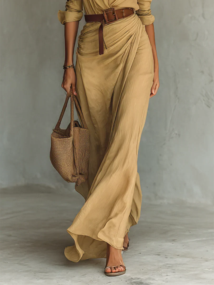 Elegantes Damen-Maxikleid mit Reverskragen, langärmeliger Passform und Taillengürtel