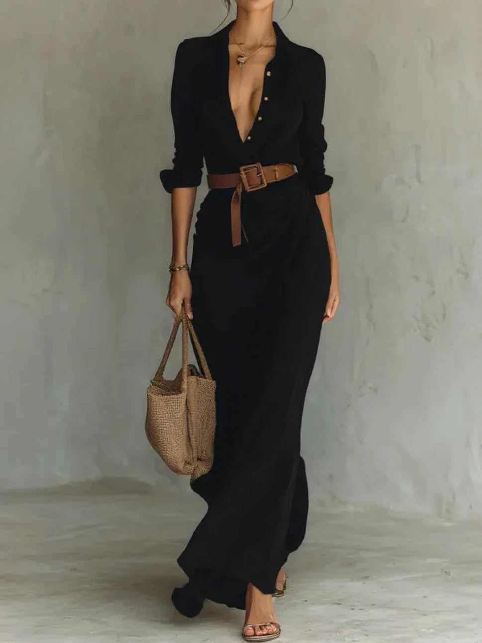 Elegantes Damen-Maxikleid mit Reverskragen, langärmeliger Passform und Taillengürtel