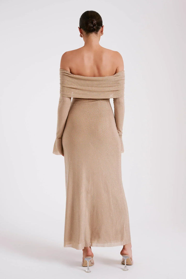 Damen Pailletten Schulterfreies Langes Kleid