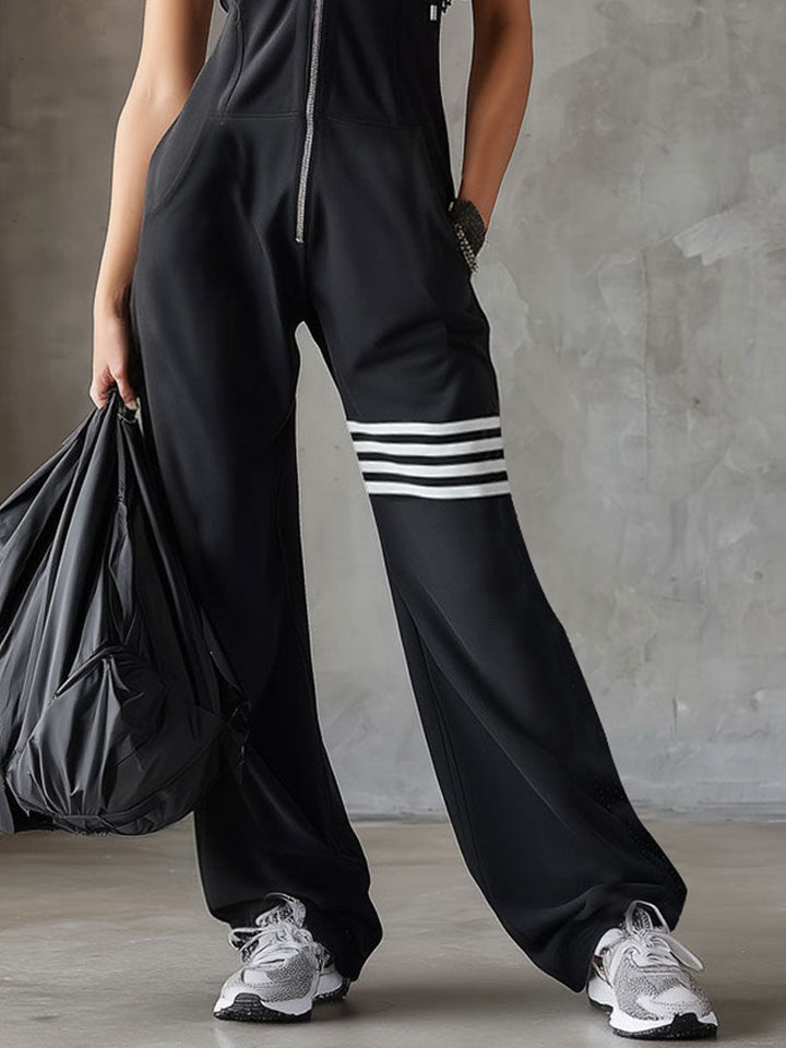 Damen Ärmelloser Langer Jumpsuit - Hoodie Gestreiftes Casual Outfit