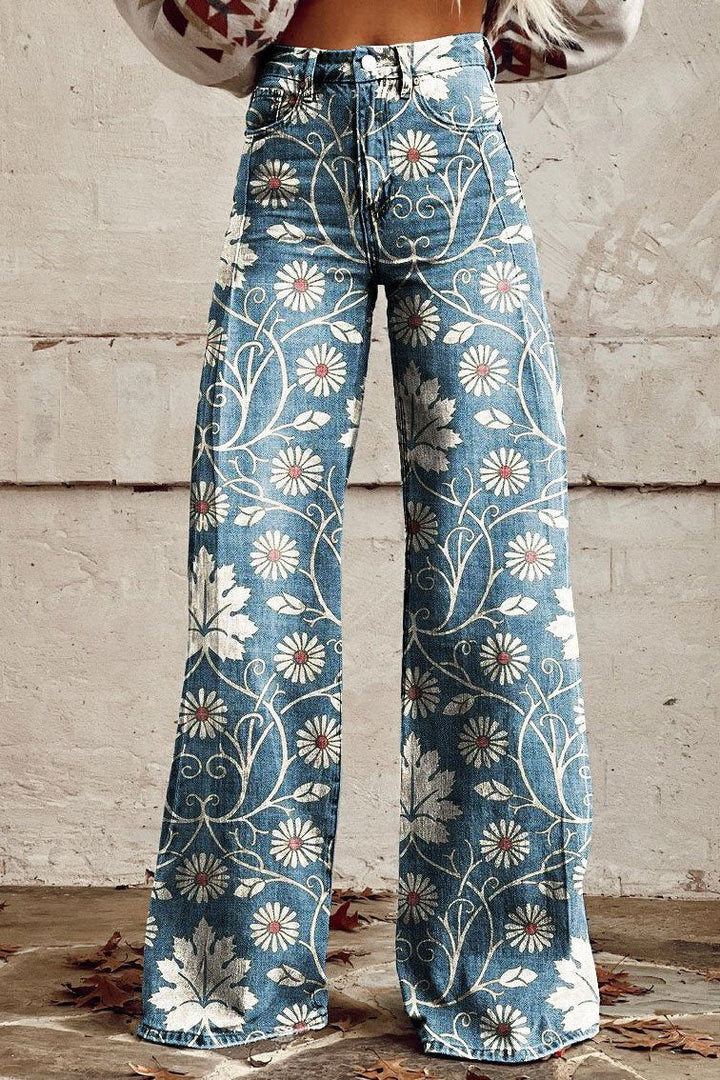 Elegante Damen Denim Hose mit Blumenranken