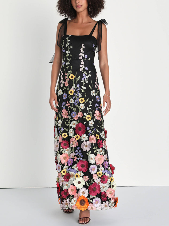 Damen Elegantes 3D Besticktes Blumen Maxikleid – Luxuriöses Abendkleid