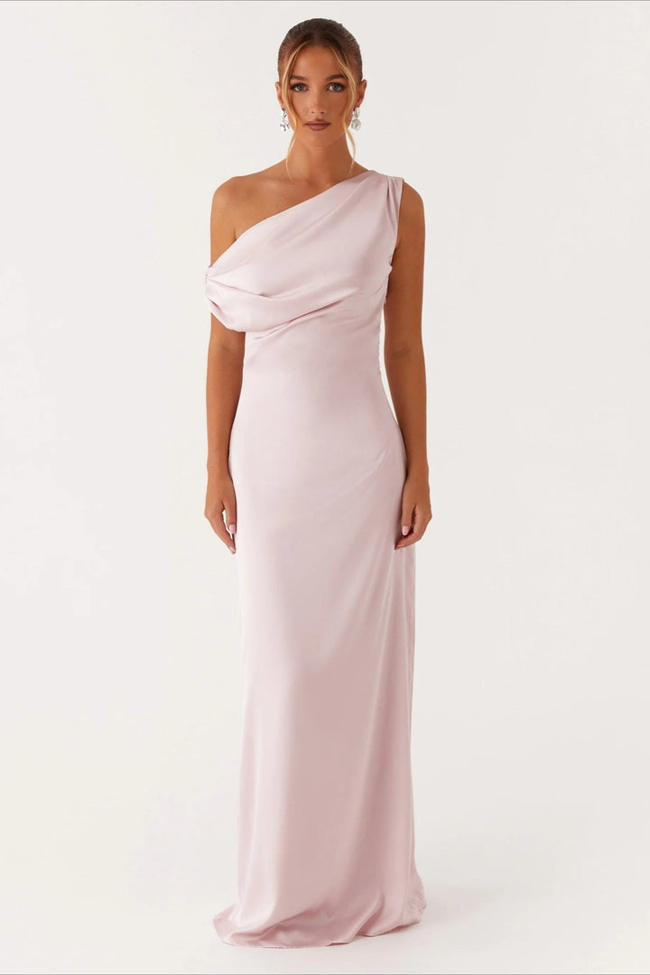 Damen Einfarbiges Maxikleid Mit Asymmetrischem Ausschnitt – Abendkleid
