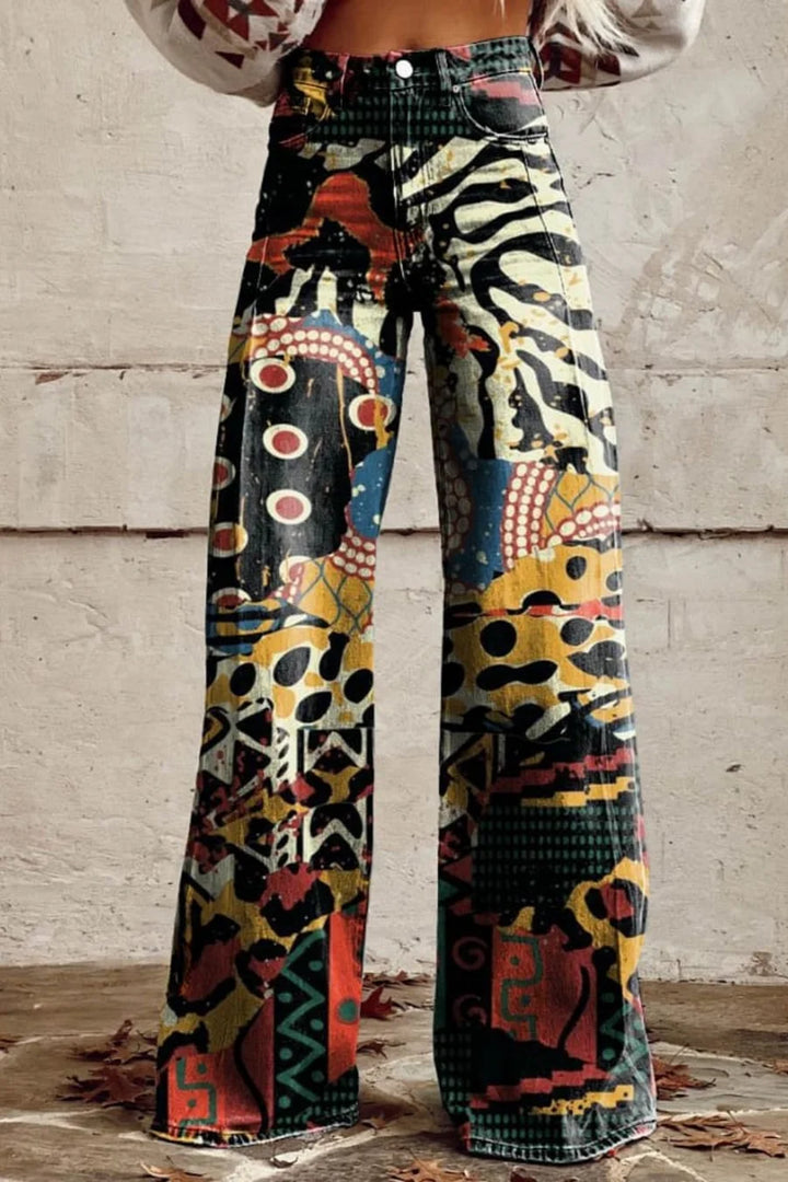 Damen-Jeans mit weitem Bein und Print – Schlaghose aus Denim mit Statement-Charakter.