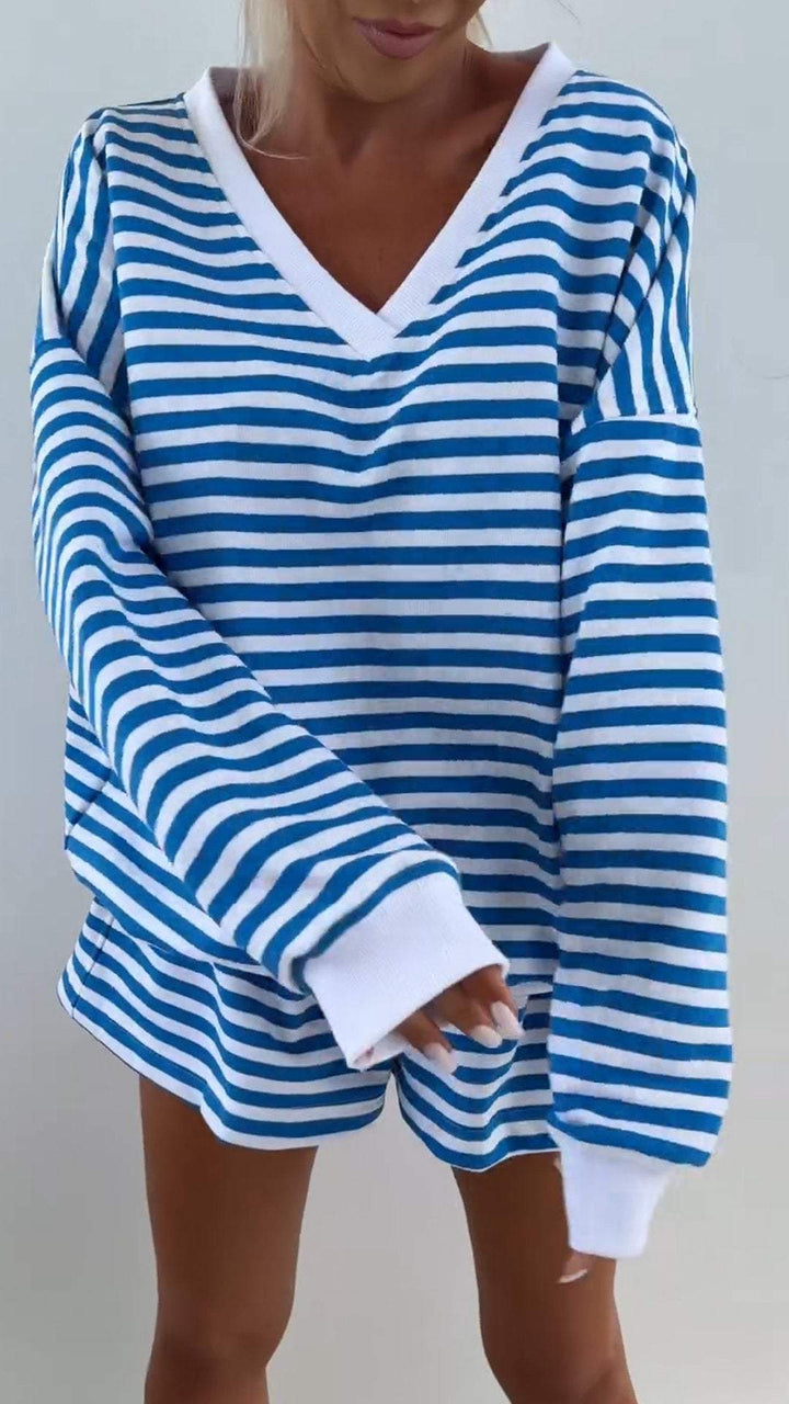 Damen V-Ausschnitt Gestreiftes Langarm Zweiteiler Set – Lässiges Outfit