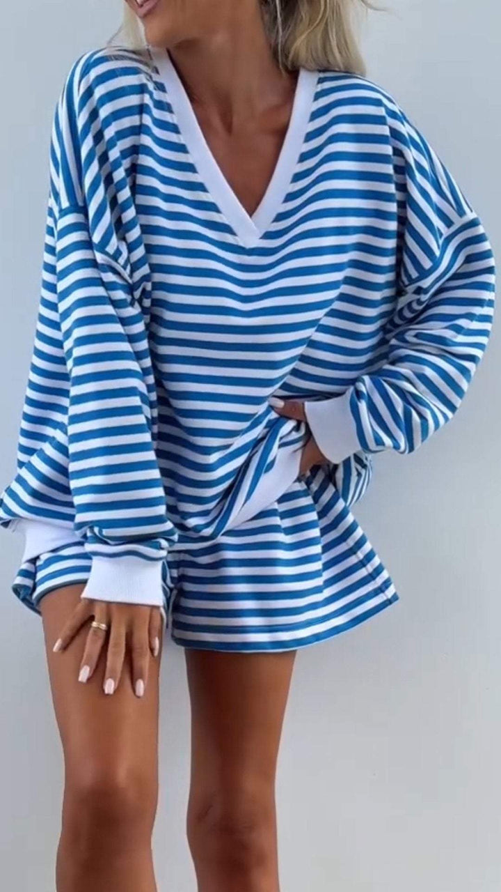 Damen V-Ausschnitt Gestreiftes Langarm Zweiteiler Set – Lässiges Outfit