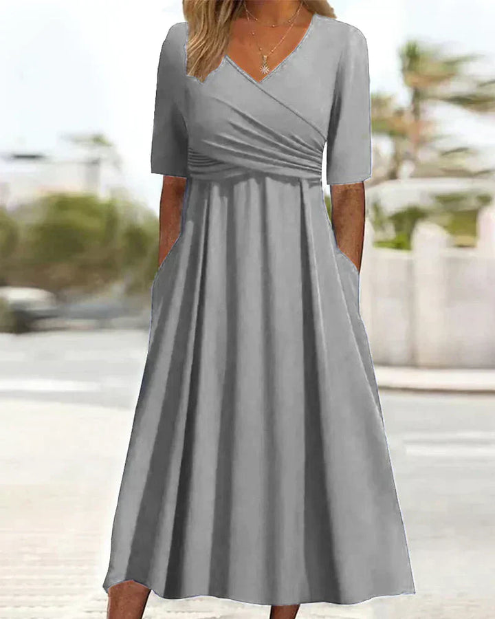 Damen V Ausschnitt Kurzarm Midi Kleid